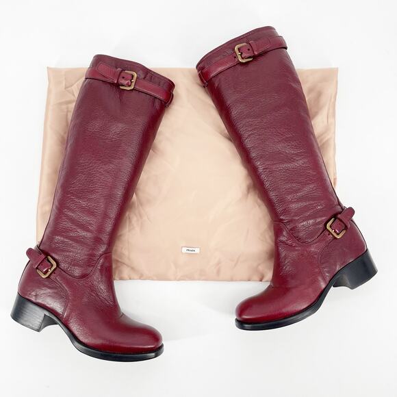 Prada Burgundy Pebbled Leather Buckle Detail Knee High Riding Boot size IT 36.5 - Picture 1 of 13